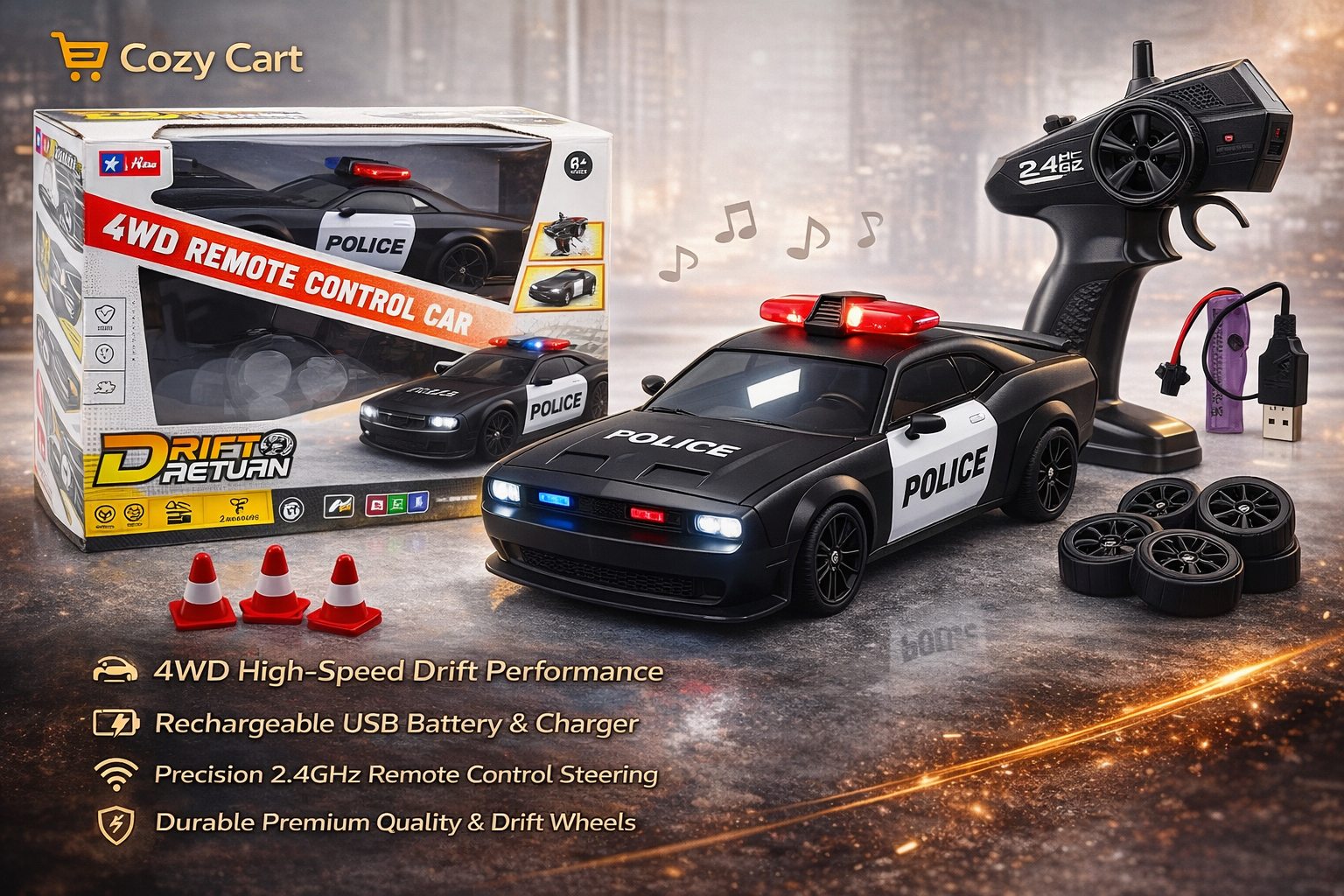 Rechargeable 4WD RC Drift Police Car with LED Lights & Sound