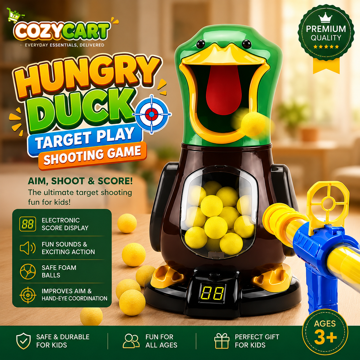 Hungry Duck Target Shooting Game for Kids | Interactive Foam Ball Blaster Toy with Electronic Score Counter