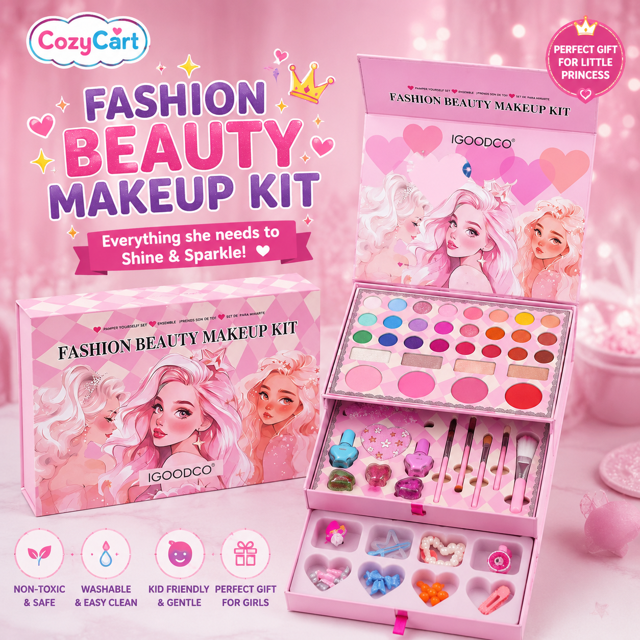 Kids Makeup Kit for Girls – Washable Beauty Set with Eyeshadow, Lip Gloss & Blush | Safe Non-Toxic Gift