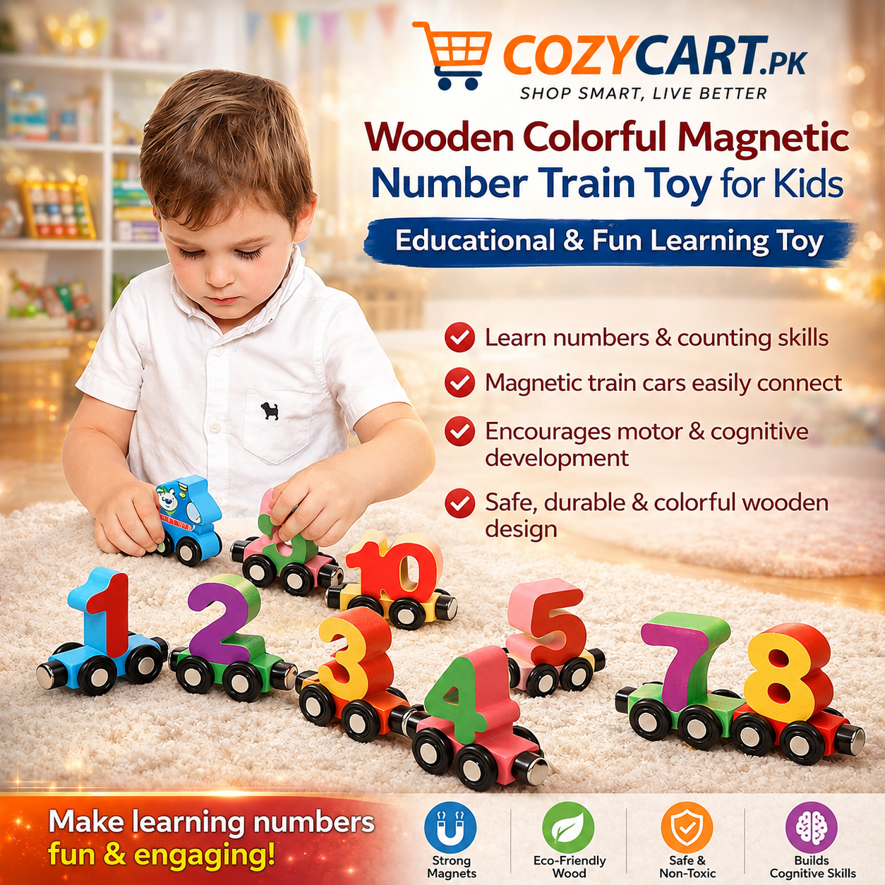 Wooden Colorful Magnetic Digital Number Train Toy For Kids