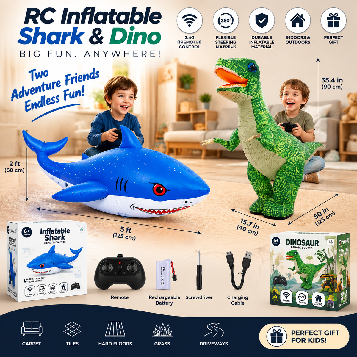 Large Remote Control Inflatable Shark & Dinosaur Toy – RC Walking Animal Toy for Kids