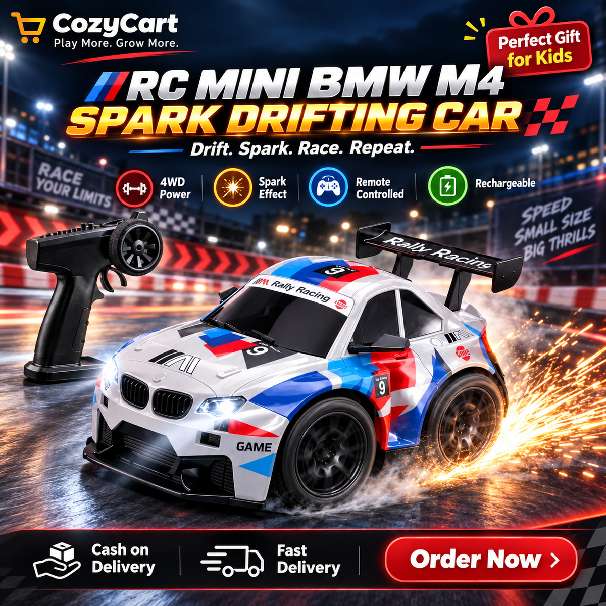 RC BMW M4 Drift Car with Spark Effect – 4WD Rechargeable Remote Control Racing Car