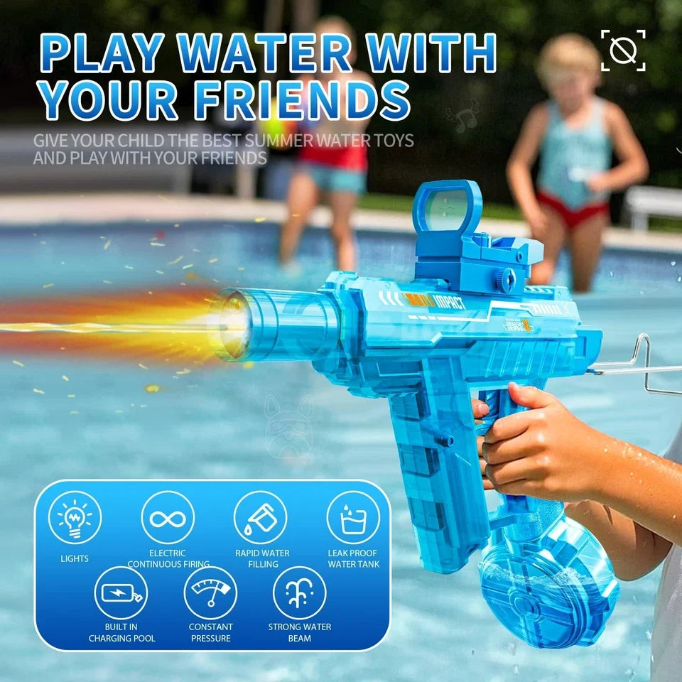 UZI Electric Water Gun Toy with Flame Light – Automatic Rechargeable Long Range Water Blaster for Kids