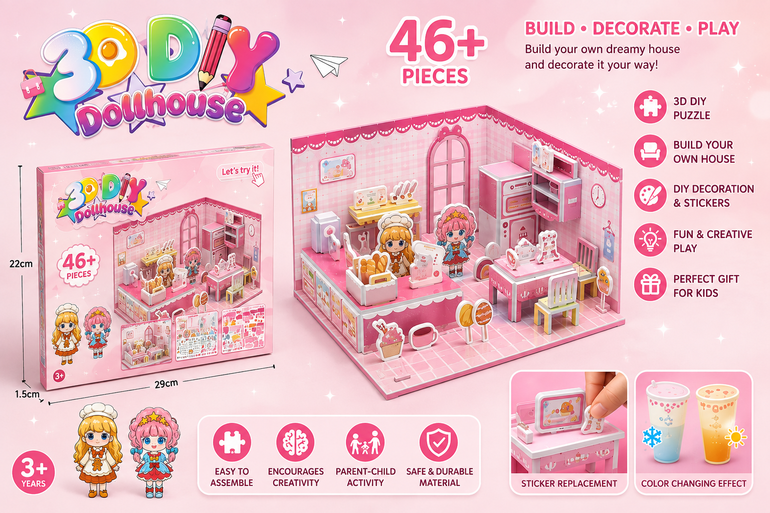 3D DIY Dreamy Dollhouse Puzzle – 46+ Pieces Creative Mini House Building Kit for Kids