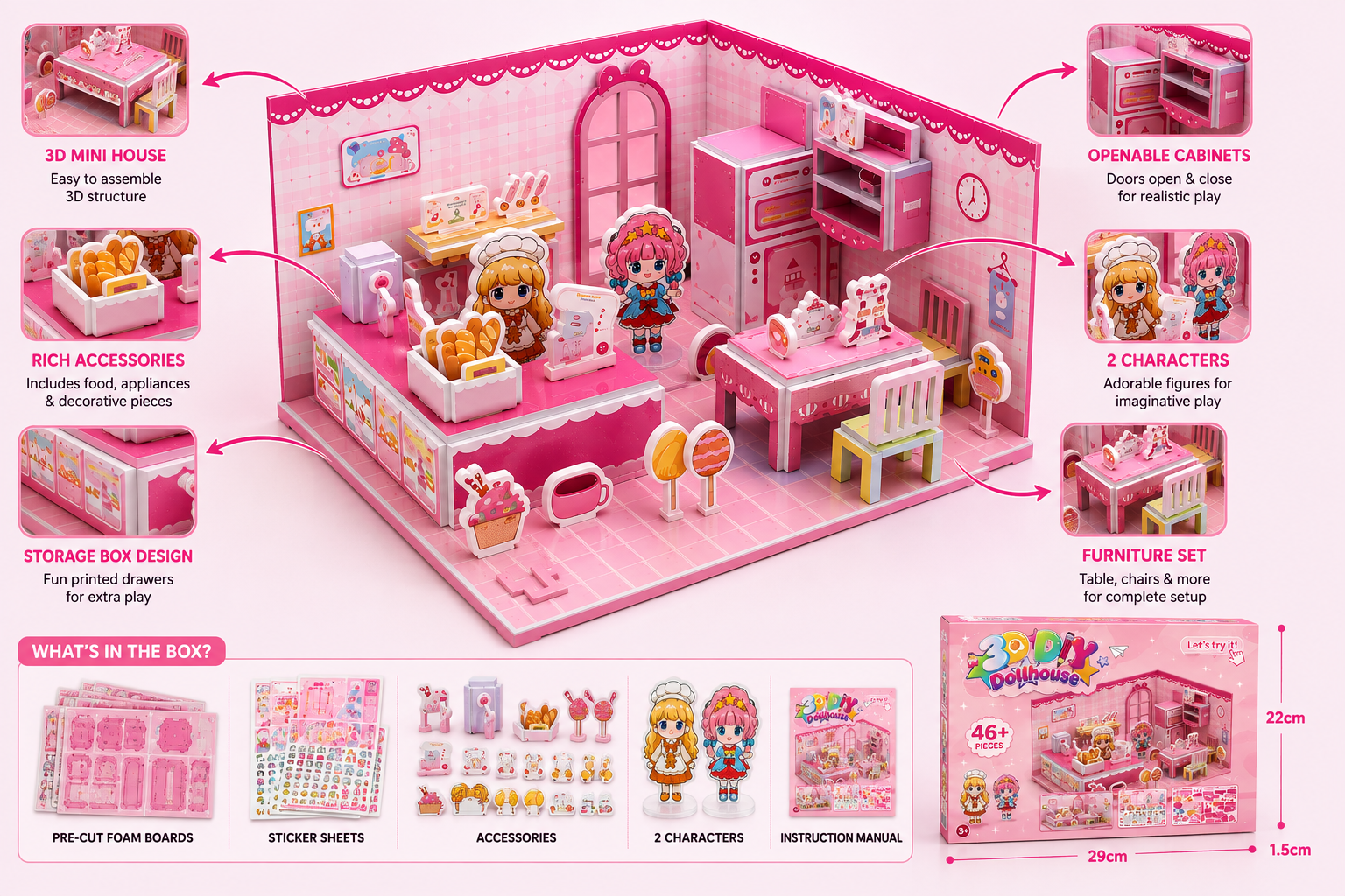 3D DIY Dreamy Dollhouse Puzzle – 46+ Pieces Creative Mini House Building Kit for Kids