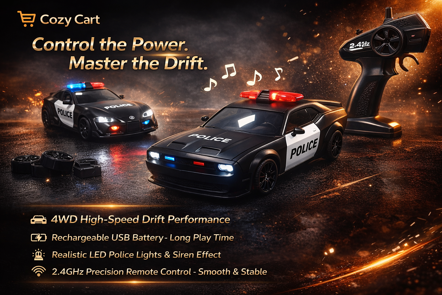 Rechargeable 4WD RC Drift Police Car with LED Lights & Sound
