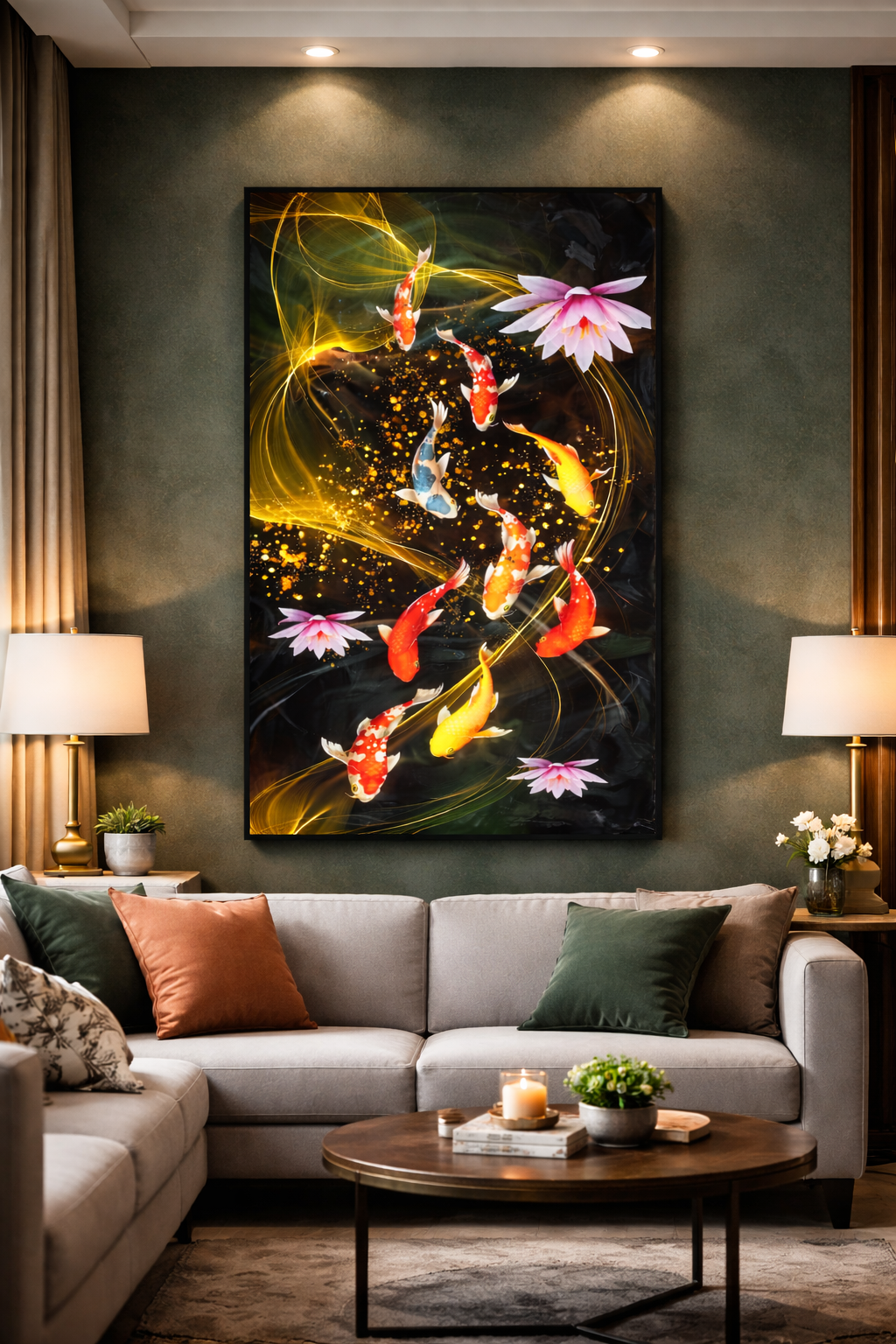 Vibrant Fish Lotus Vertical Wall Art Canvas