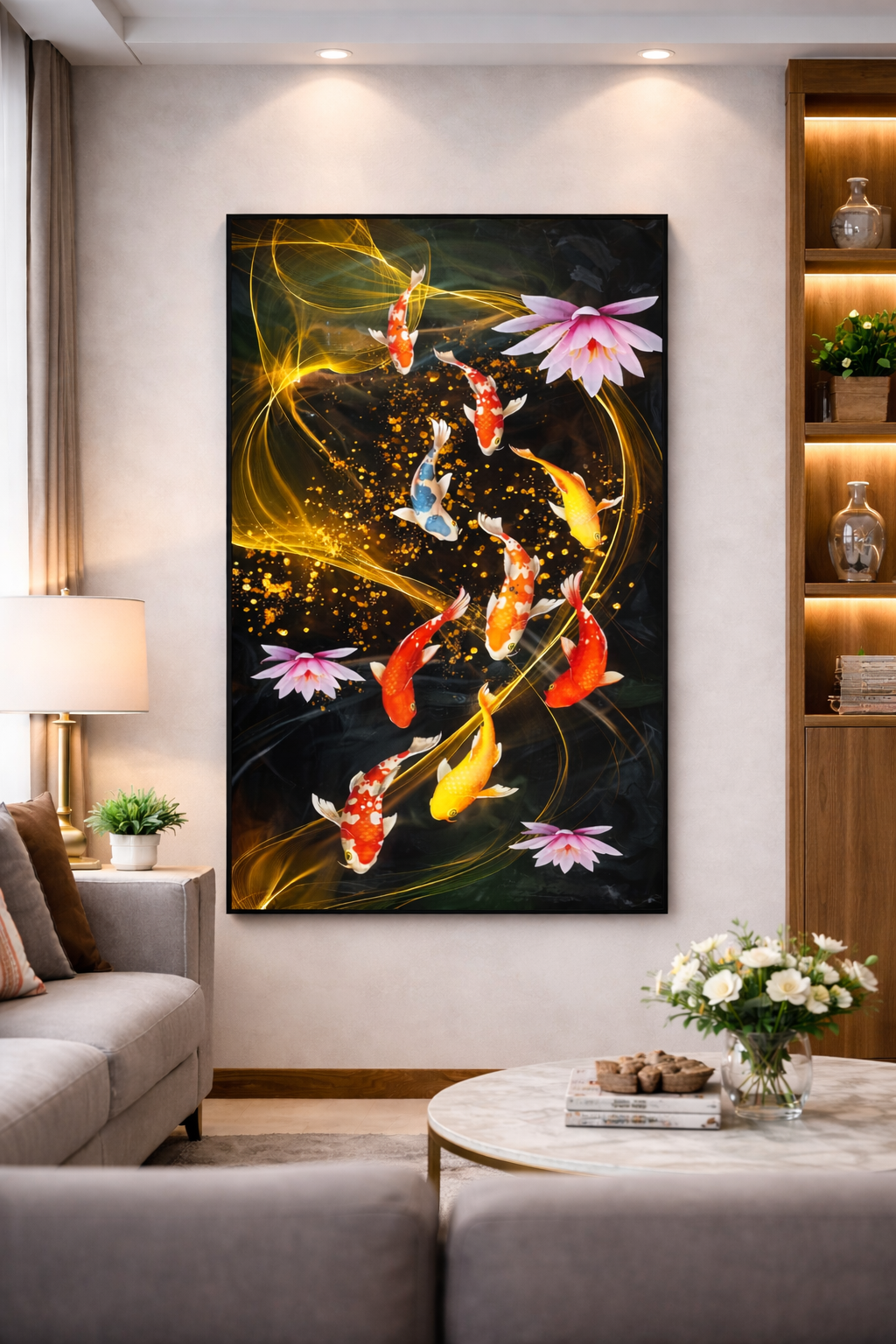 Vibrant Fish Lotus Vertical Wall Art Canvas